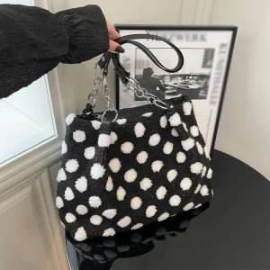 Fluffy Women's New Trendy Commuter Tote Bag Large Capacity Fashion Versatile Shoulder Bag Polka Dot Handbag