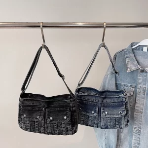 Vintage Washed Canvas Fashionable Bag, Women's Crossbody Bag, Large Capacity Commuting Casual Denim Shoulder Bag